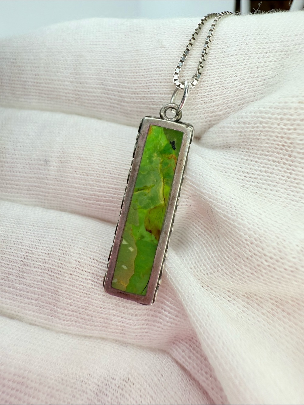 925 Sterling Silver Green Variscite Gaspeite Rectangular Pendant Necklace